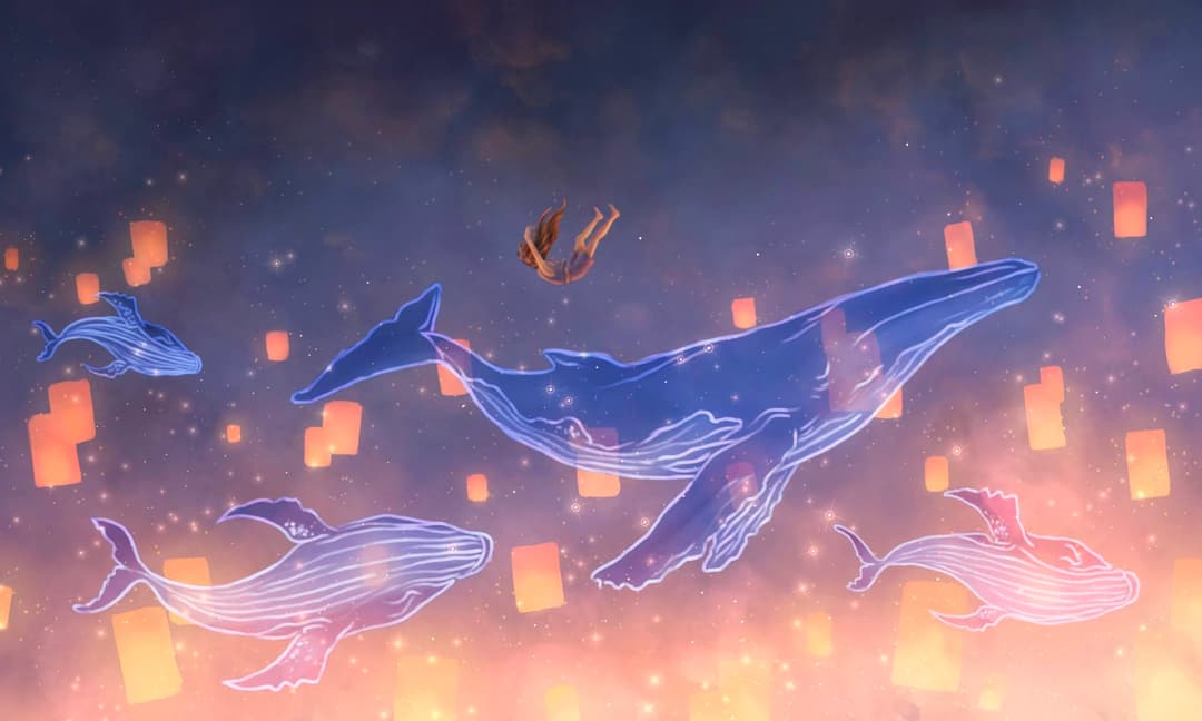 Digital painting of a girl falling into a new world