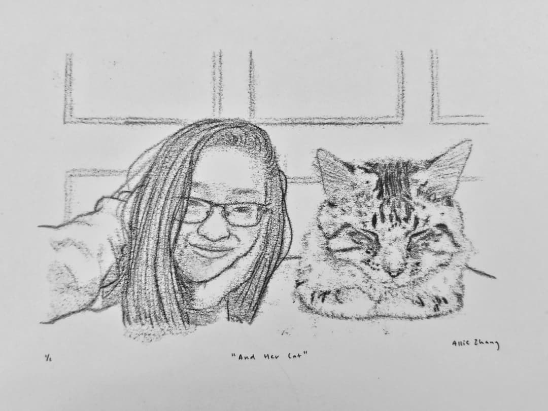 Self portrait of my cat and I with transfer printing