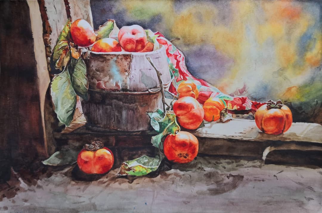 Watercolor study of a barrel of persimmions