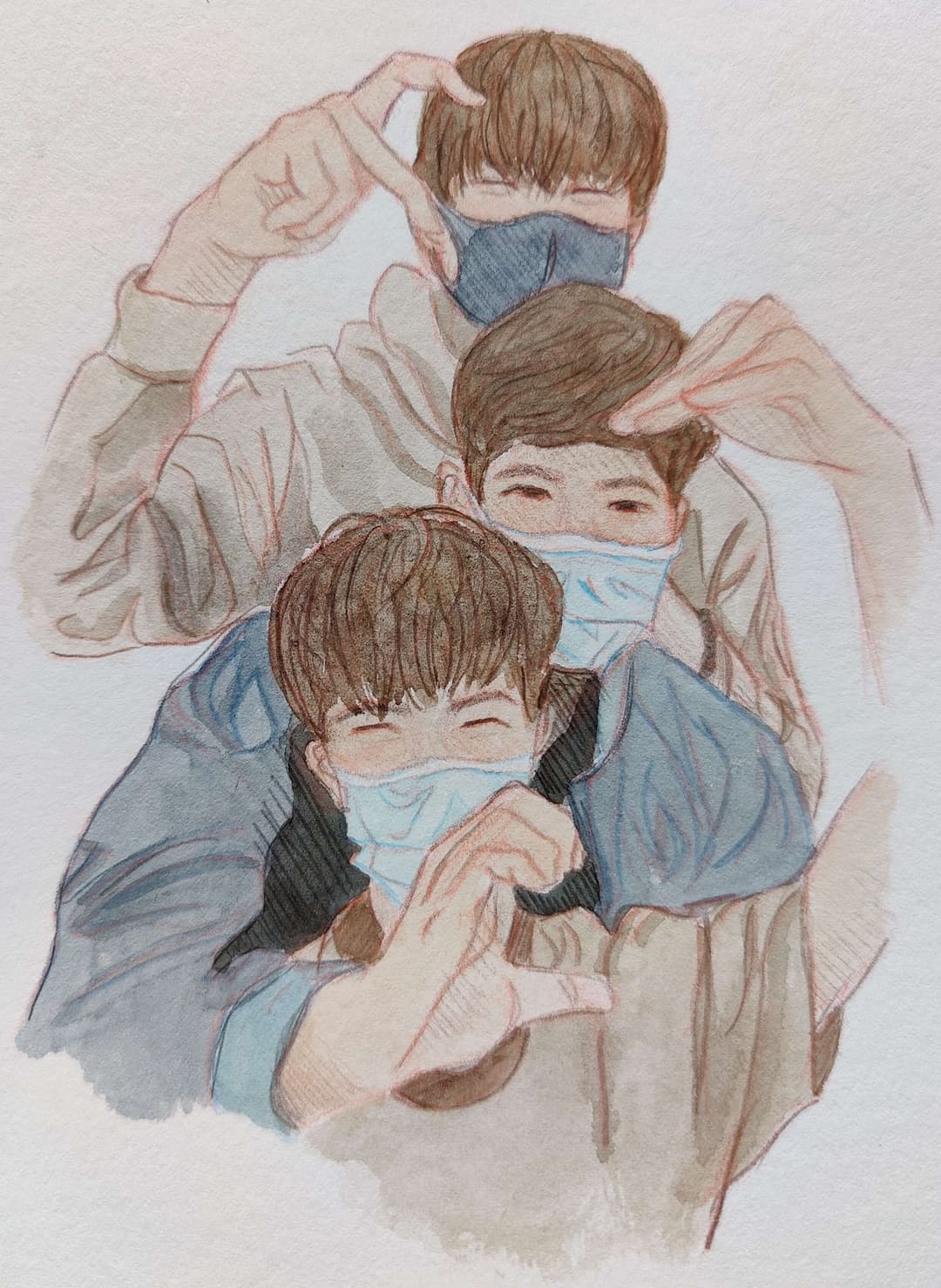 A watercolor painting of 3 guys posing with hearts