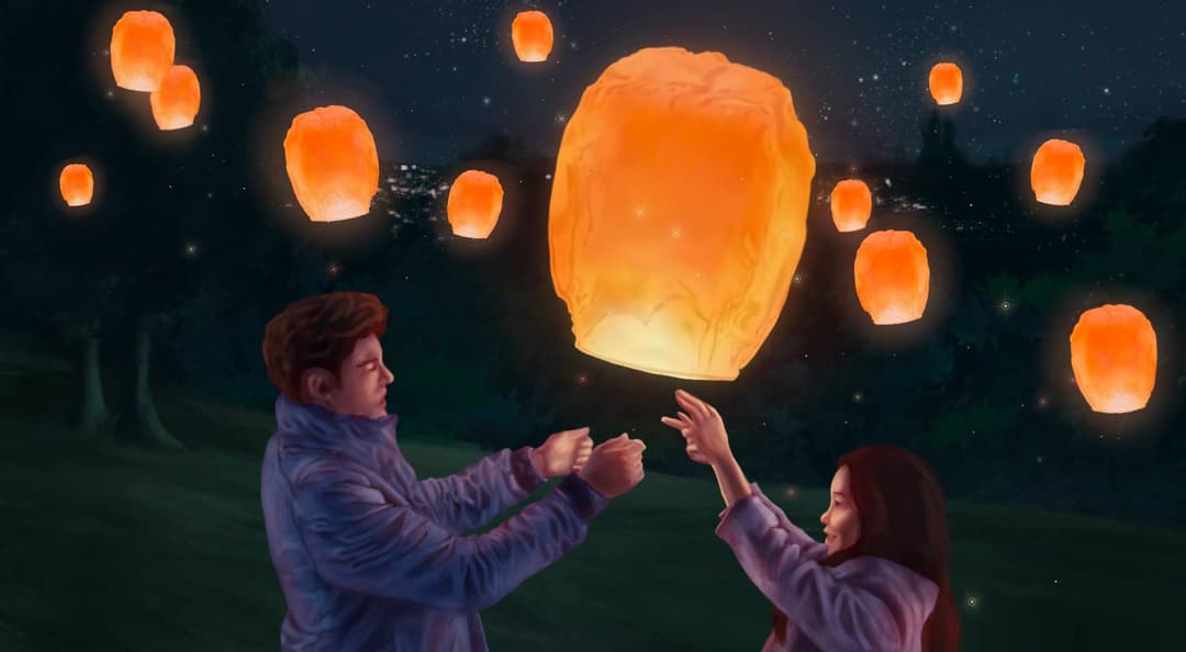 A digital painting of a pair of siblings celebrating YuanXiaoJie