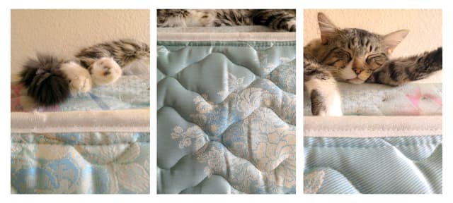 Tryptech of a cat on a matress