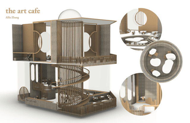 A rendering of a cafe made for design and art students